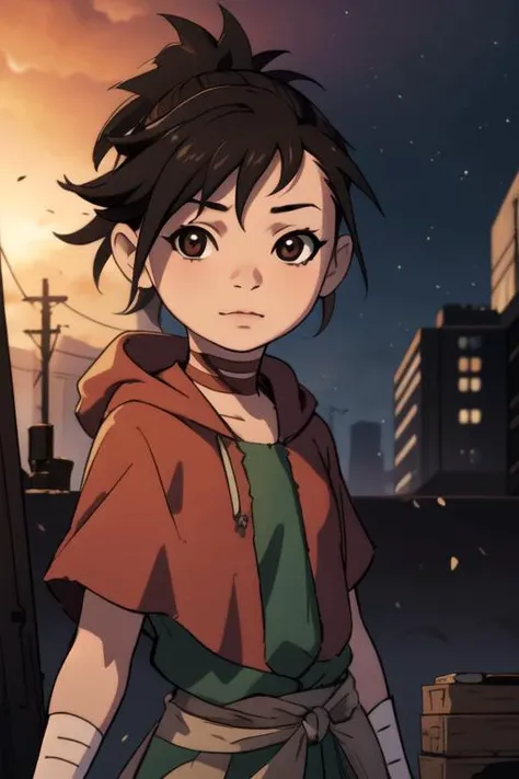 masterpiece, best quality, photorealistic, 1girl, solo, looking at viewer, , depth of field, , realistic, <lora:dororo:0.94>, dororo, black hair, brown eyes, ponytail, short hair, little red riding hood costume, science fiction hard science fiction,