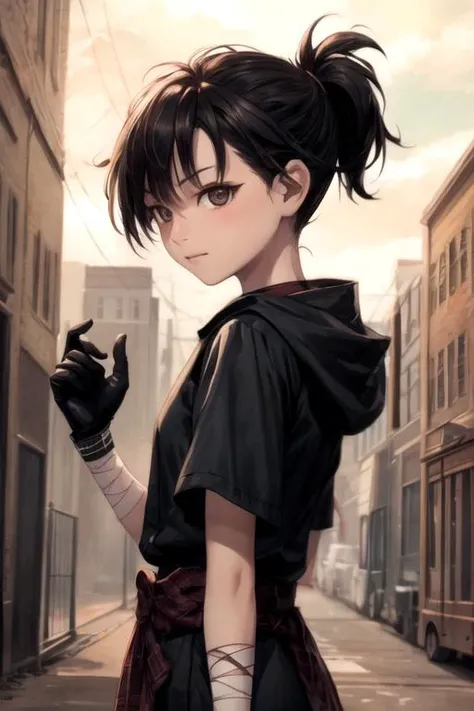 masterpiece, best quality, illustration, 1girl, solo, looking at viewer, upper body, , anime coloring, , <lora:dororo:0.76>, dororo, black hair, brown eyes, ponytail, short hair, gangster costume, science fiction cyber-thriller,