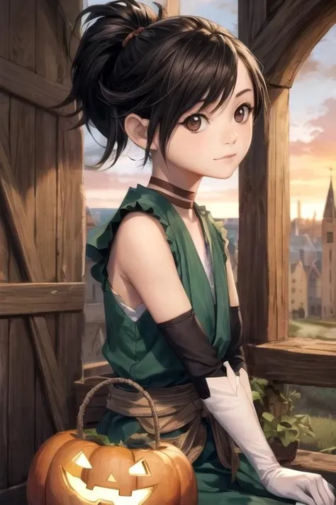 masterpiece, best quality, wallpaper, 1girl, solo, looking at viewer, upper body, , , realistic, <lora:dororo:0.7>, dororo, black hair, brown eyes, ponytail, short hair, jack-o-lantern costume, medieval europe, Blu-ray