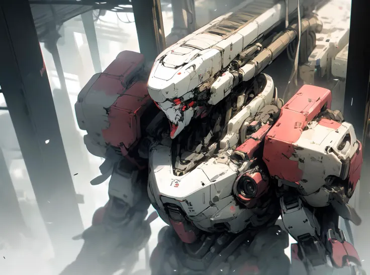 <lora:yltyxsj:1>yltyxcj, scenery, robot hangar, abandoned mecha, cybernetic, stairs, pipes, pillars, giant robot, upper body