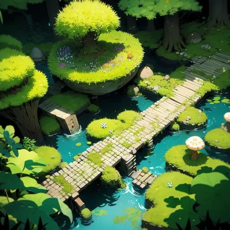 <lora:yltyxsj:1>yltyxsj,fish, forest, grass, lily_pad, moss, mushroom, nature, rock, scenery, tree