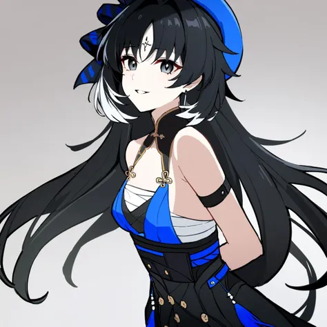 1girl, 
yangyang \(wuthering waves\),  
solo, blue ribbon, black hair, ribbon, white background, chinese clothes, sarashi, hat, hair ribbon, arm strap, feather hair, parted lips, long hair, blue hat, breasts, black eyes, chest sarashi, looking at viewer, bare shoulders, smile, very long hair, small breasts, simple background, upper body, bandages, 
masterpiece, best quality,  safe
 <lora:mki-ani3-yangyang-v3:1>