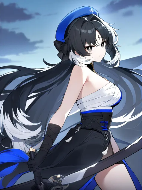 1girl,
yangyang \(wuthering waves\),
solo, outdoors, holding sword, very long hair, night sky, holding, closed mouth, black hair, bow, gloves, looking back, sky, white hair, floating hair, night, white pupils, looking at viewer, chest sarashi, bandaged arm, black bow, black gloves, sarashi, blue hat, weapon, black eyes, multicolored hair, bare shoulders, sword, bandages, long hair, bright pupils, hair bow, holding weapon,
masterpiece, best quality, safe
<lora:mki-ani3-yangyang-v3:1>