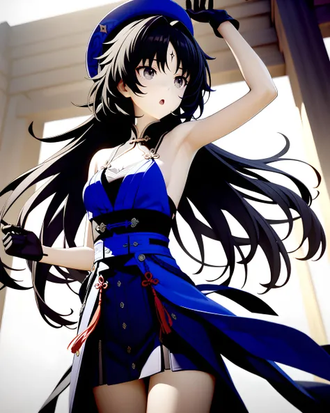 1girl, CG render, cowboy shot, standing, yangyang \(wuthering waves\), long hair, black hair, blue hat, black gloves, bare shoulders, bare arms, :o, arm up, armpit <lora:mki-ani3-yangyang-v3:0.6>