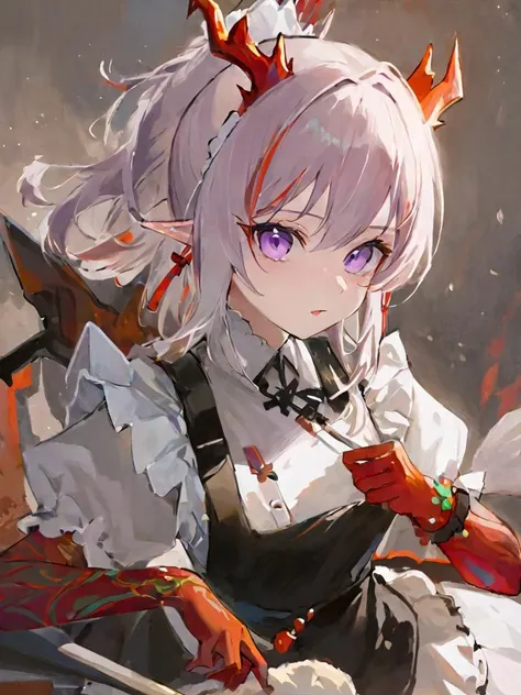 ultra-detailed,(best quality),((masterpiece)),(highres),original,extremely,<lora:nian_xl:1>,nian (arknights),purple eyes,Maid attire