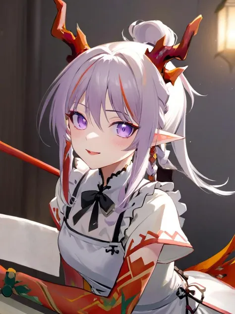 ultra-detailed,(best quality),((masterpiece)),(highres),original,extremely,<lora:nian_xl:1>,nian (arknights),purple eyes,Maid attire