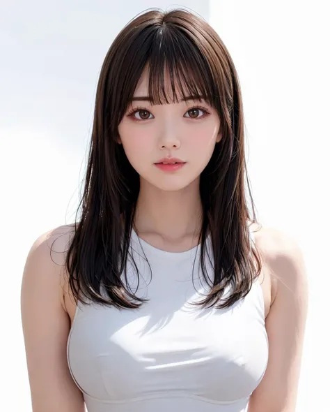 best quality, photorealistic, 8k, high res, 1girl, woman, (skindentation), (portrait:0.6), gorgeous, ((whitebackground:1.82)), ((smallsize round breast, sleeveless white tshirt:1.75)), straight-looking at viewer:1.8, (1girl eyes looking at viewer, medium-length hair, brownhair, partedbangs:1.65), photorealistic, (bokeh), (closed mouth:1.46), gorgeous, pureerosface_v1, <lora:AVID-mioV4:0.75>