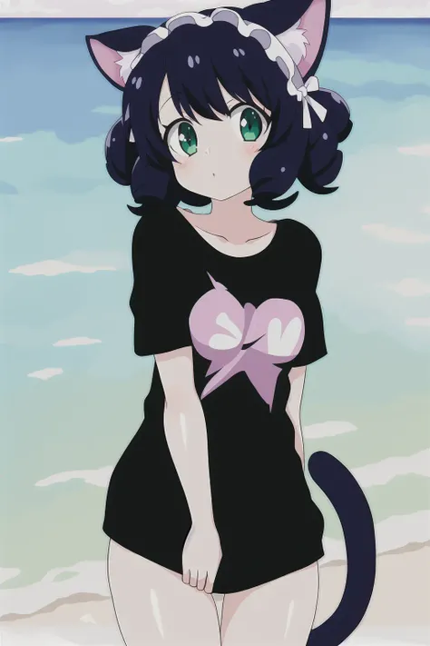 1girl, show_by_rock, cat ears, short black hair, (beach background), cat tail, t-shirt, without pants, green eyes, curly hair, curls