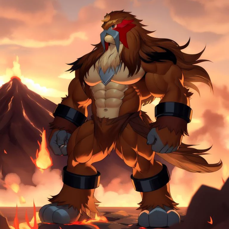 solo, (entei, full body), male, ( muscular, big muscles, male muscular),volcano,(soft shading),(digital flat colors), 4k,hi res , UHD, ( detailed illustration), masterpiece, <lora:PM_Entei_a1:1>
