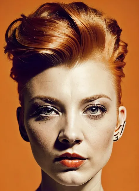 portrait of sks woman by Flora Borsi, style by Flora Borsi, bold, bright colours, orange Mohawk haircut, ((Flora Borsi)), <lora:locon_natalie_v1_from_v1_64_32:1.3>