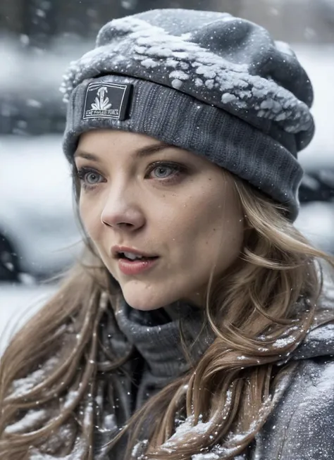 RAW photo of a sks woman, sitting in outdoor car ,winter ,snowy , ((wearing cap)), (detailed face), grunge, ((visual kai)),  ((full body)), (high detailed skin:1.2), 8k uhd, dslr, soft lighting, high quality, film grain, Fujifilm XT3, <lora:locon_natalie_v1_from_v1_64_32:1.3>