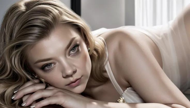 Ultra realistic high definition micro detail sks woman, Natalie Dormer real life actress, Ultra realistic high definition micro detail thick sexy glossy lips, Ultra realistic high definition micro detail moisturized skin, Ultra realistic high definition micro detail relaxed face, Ultra realistic high definition micro detail short nails, Ultra realistic high definition micro detail real life hair style, Random jewlery, Seductrice intense sexy look, Ultra realistic provocative sheer dress, Hands have 4 fingers and 1 Thumb, Professional studio warm lighting, Professional cinematic sexy scene photo, ((((Look at viewers)))), <lora:locon_natalie_v1_from_v1_64_32:1>
