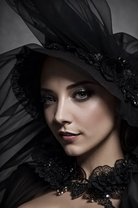 still from a horror directed by tim burton starring sks woman wearing a black full-length victorian wedding dress and black wedding veil, (cleavage:1.3), smiling, demure, looking up at the camera,dark, atmospheric, mist, best quality masterpiece, photorealistic, detailed, 8k, HDR, shallow depth of field, broad light, high contrast, backlighting, bloom, light sparkles, chromatic aberration, sharp focus, RAW color photo,<lyco:locon_natalie_v1_from_v1_64_32:1.3><lora:epiNoiseoffset_v2Pynoise:1.0>