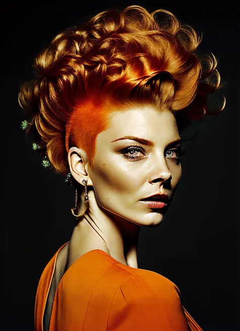 portrait of sks woman by Flora Borsi, style by Flora Borsi, bold, bright colours, orange Mohawk haircut, ((Flora Borsi)), <lora:locon_natalie_v1_from_v1_64_32:1.3>