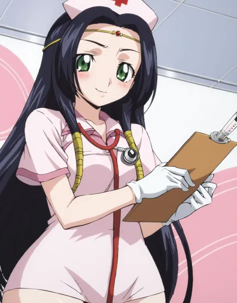 score 9, score 8 up, score 7 up, rating questionable,
detailed background,
<lora:kaguya.pony:1>,
kaguya,
wide hips, shiny skin,
blush, smirk,
nurse costume, holding syringe, stethoscope, holding clipboard,
