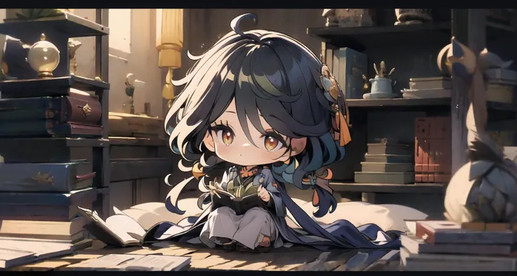 (masterpiece),(best quality), 1girl,chibi, full body,in style of blindbox, sitting in a traditional Chinese study,jeweled hairpin adorning, black hair. bookshelves filled with ancient texts and scroll paintings,reading a book with a focused expression, her slender fingers turning the pages with grace and precision,The room is bathed in a soft and warm light, giving the scene a peaceful and nostalgic feel. <lora:Guofeng_mengwan_v1:0.9> <lora:furlna:1>