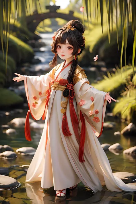 Best quality, masterpiece, 1 girl, chibi,wearing hanfu, looking at viewer,embroidered robe with exquisite details, gentle and demure disposition, elegant and graceful movements, silk slippers with golden embroidery,Arch bridge, slustrous black hair styled in a neat bun, graceful and precise hand movements, a humble and obedient demeanor, surrounded by the fragrance of flowers and the sound of flowing water ,bamboo forest background
<lora:Guofeng blindbox_20230706102852:0.8>
