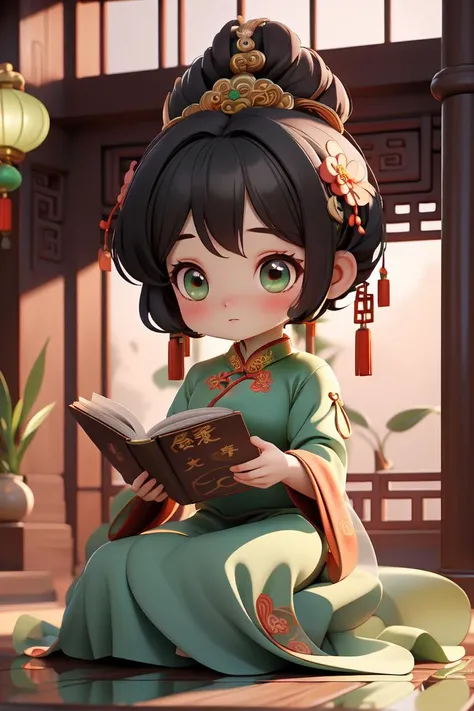 (masterpiece),(best quality), 1girl,chibi, full body,in style of blindbox, ((green Cheongsam)), sitting in a traditional Chinese study,jeweled hairpin adorning, black hair. bookshelves filled with ancient texts and scroll paintings,reading a book with a focused expression, her slender fingers turning the pages with grace and precision,The room is bathed in a soft and warm light, giving the scene a peaceful and nostalgic feel. <lora:Guofeng_mengwan_v1:0.9>