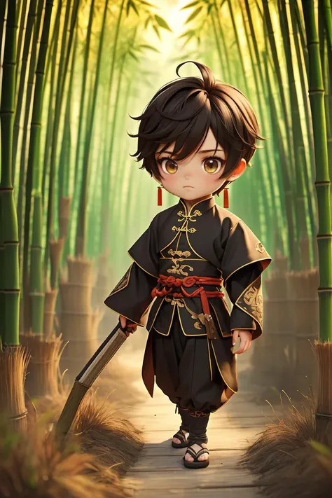 best quality,masterpiece,1 boy,full body,chibi,A chinese assassin dressed in black,((bamboo forest)),<lora:Guofeng mengwan boy_20230920014621:0.8>,