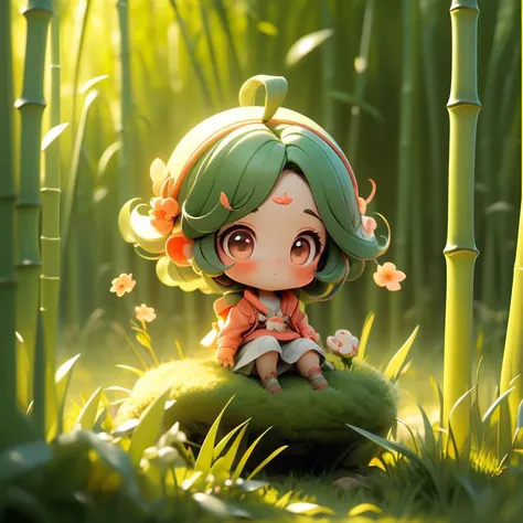Best quality, masterpiece, 1 girl, chibi,perm,(floating hair), slg,forest,depth of field, grass, ,bamboo forest background <lora:Guofeng blindbox_20230706102852:0.6>