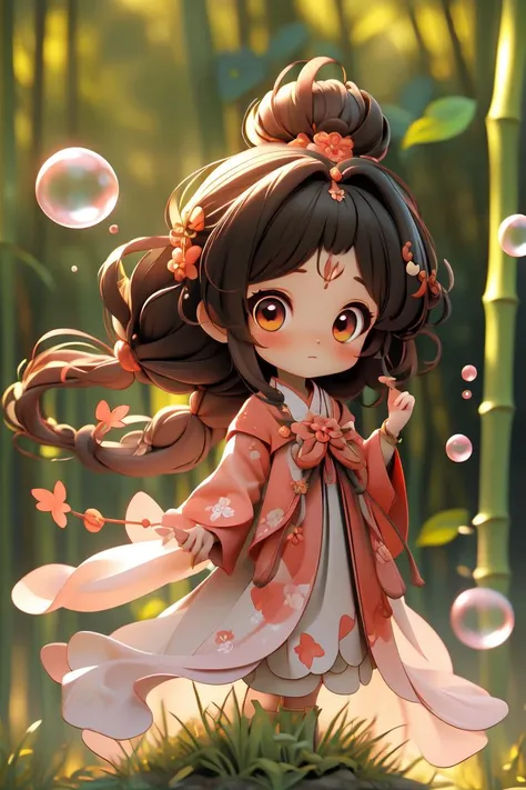 Best quality, masterpiece, 1 girl, chibi,perm,(floating hair), slg,forest,depth of field, grass, ,bamboo forest background <lora:Guofeng blindbox_20230706102852:1>