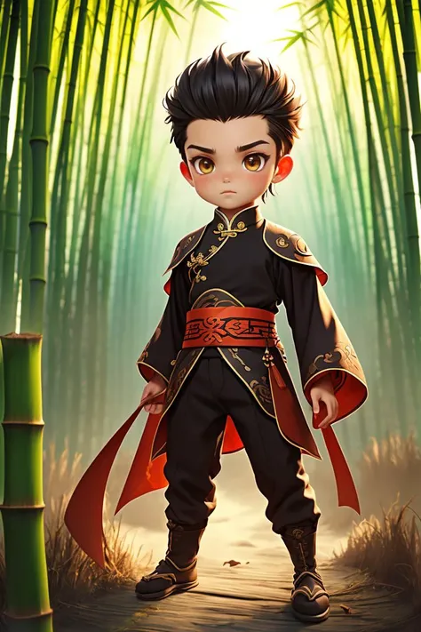 best quality,masterpiece,1 boy,full body,chibi,A chinese assassin dressed in black,((bamboo forest)),<lora:Guofeng mengwan boy_20230920014621:0.8>,