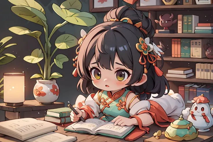 (masterpiece),(best quality), 1girl,chibi, full body,in style of blindbox, ((green Cheongsam)), sitting in a traditional Chinese study,jeweled hairpin adorning, black hair. bookshelves filled with ancient texts and scroll paintings,reading a book with a focused expression, her slender fingers turning the pages with grace and precision,The room is bathed in a soft and warm light, giving the scene a peaceful and nostalgic feel. <lora:Guofeng_mengwan_v1:0.9>