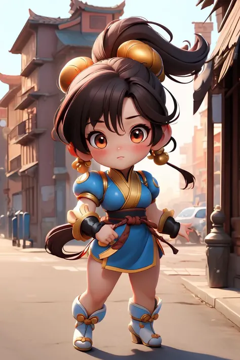 chibi, masterpiece, best quality, original, official art,((glossy eyes)),Cute,full body,1girl, sf2cl, hair buns, blue chinese dress, double bun hairstyles, white belt, brown leggings, long white boots, at the mountains, waterfall, trees, puffy sleeves, spiked bracelets, thick leg,perfect face, perfect picture,  <lora:SF2CL-stasis:0.8>, <lora:GoodHands-beta2:1>, Unreal Engine, cartoon rendering,