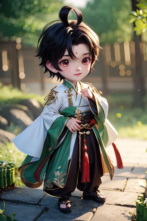 best quality, masterpiece,1 boy, full body, chibi, A chinese assassin dressed in black, ((bamboo forest)), <lora:Guofeng_mengwan_boy:0.7>