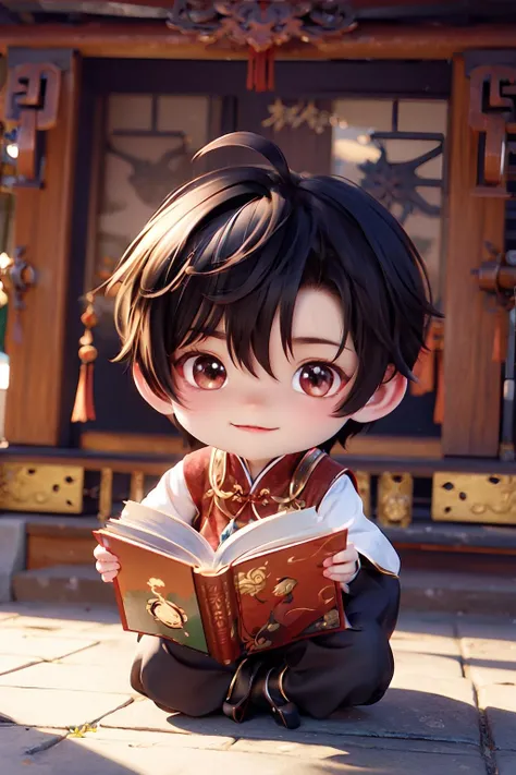 best quality, masterpiece,1 boy, full body, chibi, Chinese roomï¼reading book <lora:Guofeng_mengwan_boy:0.7>