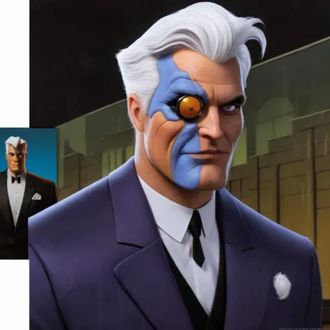 Hyperrealistic art of  <lora:Batman The Animated Series Style:1.2>
Harvey Dent Two-Face In Gotham City a cartoon man with a white hair and a black tie Batman The Animated Series Style, Extremely high-resolution details, photographic, realism pushed to extreme, fine texture, incredibly lifelike