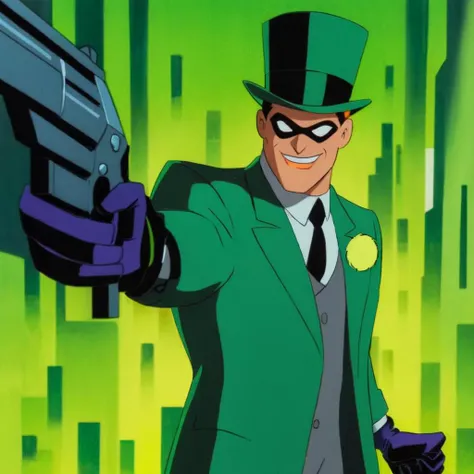 anime artwork of <lora:Batman The Animated Series Style:1.2>
Riddler In Gotham City a man in a green suit holding a gun Batman The Animated Series Style, anime style, key visual, vibrant, studio anime, highly detailed
