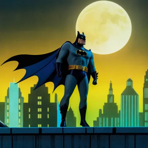 anime artwork of  <lora:Batman The Animated Series Style:1.2>
In Gotham City a batman animated figure standing on a roof with moon in background Batman The Animated Series Style, anime style, key visual, vibrant, studio anime,  highly detailed