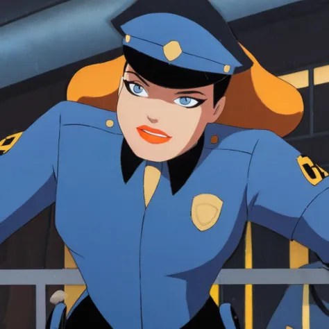 anime artwork of  <lora:Batman The Animated Series Style:1.2>
In Gotham City a cartoon police woman in blue uniform Batman The Animated Series Style, anime style, key visual, vibrant, studio anime,  highly detailed