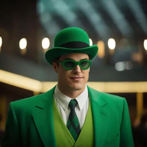 cinematic film still of  <lora:Batman The Animated Series Style:1.2>
Riddler In Gotham City a man in a green suit and a green hat Batman The Animated Series Style, shallow depth of field, vignette, highly detailed, high budget, bokeh, cinemascope, moody, epic, gorgeous, film grain, grainy