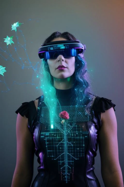 , goth girl, from the side, (interacting with a holographic vrinterface displaying ivy and roses:1.2),  <lora:VRInterface:1>