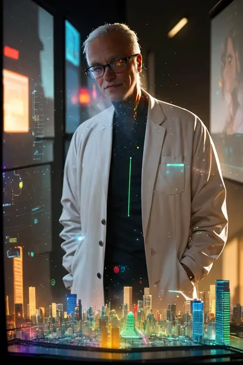 (masterpiece, best quality, ultra detailed, hyper realistic, photo, ray tracing, 8k), scifi, future,
from side, (turn one's face away, looking away, cowboy shot:1.2), across holographic,
intelligent oldman is interacting with a vrinterface (large glowing holographic_city_planning_model:1.4) on table, <lora:VRInterface:1.0>,
old man is standing by the table, white coat, mad scientist, evil smile, unkempt gray hair,
holographic data floating around, hand in pocket,
dark tone, hazy air,
background (bokeh), (high detailed skin:0.9), (visible pores:0.3), shallow depth of field,
