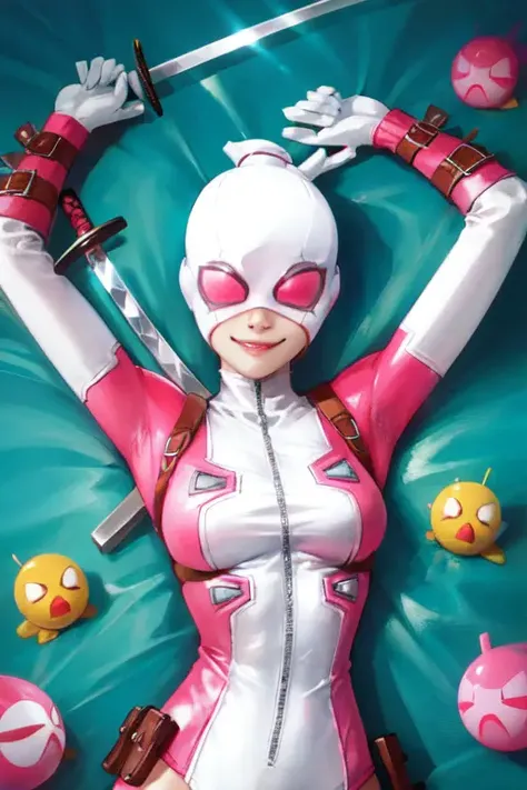 gwenpool, 1girl, solo, sword, weapon, weapon on back, smile, katana, bodysuit, upper body, artist name, mask, bubble