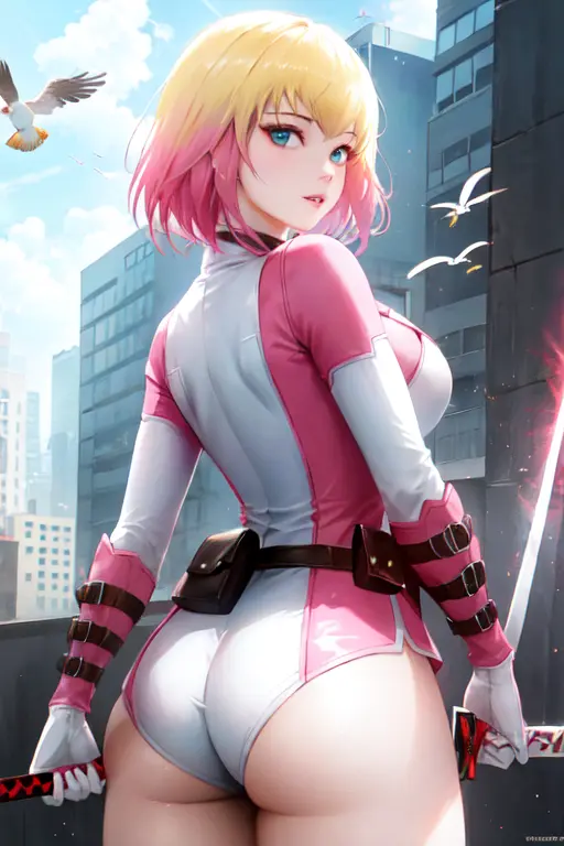 gwenpool, 1girl, ass, mask, blonde hair, weapon, sword, breasts, ass support, looking back, short hair, multicolored hair, lips, blue eyes, bird, gloves, solo, weapon on back, looking at viewer, bodysuit, from behind, ass grab, pouch, two-tone hair, penguin, large breasts, thighs, pink hair, shorts, copyright name, parted lips