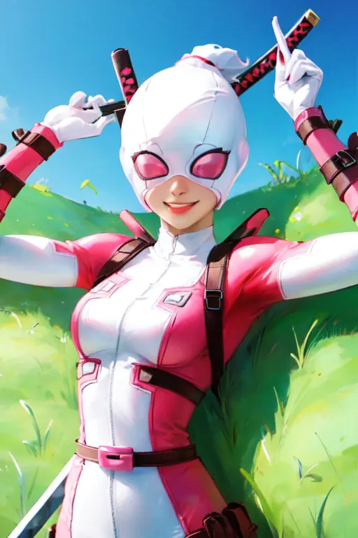 gwenpool, 1girl, solo, sword, weapon, weapon on back, smile, katana, bodysuit, upper body, artist name, mask, bubble
