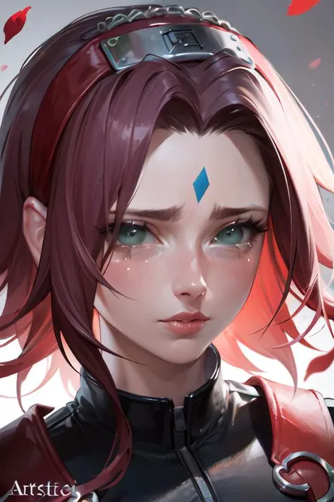 portrait of beautiful SakuraNS, solo, looking_at_viewer, closed_mouth, forehead_mark, lips, zipper, red_hairband, petals, crying, crying_with_eyes_open, tears, volumetric lighting, best quality, masterpiece, intricate details, tonemapping, sharp focus, hyper detailed, trending on Artstation, <lora:SakuraNS:1>
