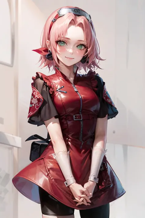 1girl, cowboy shot, beautiful SakuraNS, solo, looking_at_viewer, forehead_protector, simple_background, smile, white_background, closed_mouth, shorts, bike_shorts, short_sleeves, standing, dress, own_hands_together, v_arms, volumetric lighting, best quality, masterpiece, intricate details, tonemapping, sharp focus, hyper detailed, trending on Artstation, <lora:SakuraNS:1>