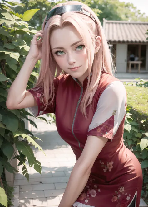 portrait of beautiful SakuraNS, solo, looking_at_viewer, forehead_protector, simple_background, smile, white_background, closed_mouth, shorts, bike_shorts, short_sleeves, standing, dress, village, east asian architecture, trees, village hidden in the leaves,  volumetric lighting, best quality, masterpiece, intricate details, tonemapping, sharp focus, hyper detailed, trending on Artstation, <lora:SakuraNS:1>