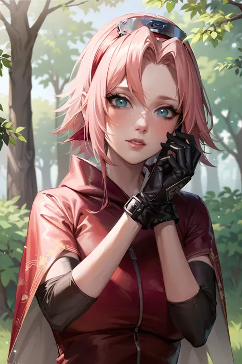 portrait of beautiful SakuraNS, solo, looking_at_viewer, hairband, gloves, black_gloves, upper_body, konohagakure_symbol, adjusting_gloves, parody, outdoors, cloak, forest, nature, tree, volumetric lighting, best quality, masterpiece, intricate details, tonemapping, sharp focus, hyper detailed, trending on Artstation, <lora:SakuraNS:1>