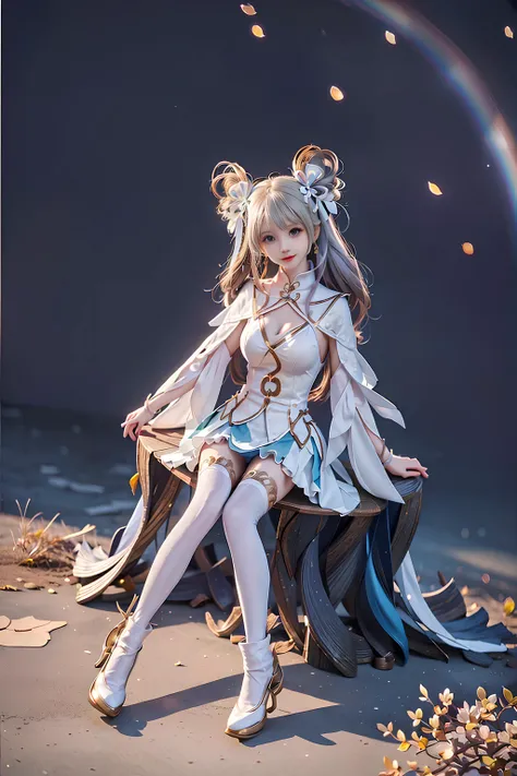 xiangxiang, 1girl, (((((((((sitting, solo))))))))), thighhighs, blue eyes, long hair, breasts, hair rings, jewelry, cleavage, white thighhighs, medium breasts, white hair, smile, looking at viewer, dress,((full body,)) (((((((Earth Background)))))),
ultra realistic,8K,intricate details,From Another Realm,sunrise,proportionate,15 year old girl,very cute & girly (idolmaster), In the air,rainbow background, 
,3Drender,realistic,cinematic lighting,smooth fog,detailed face, <lora:chilloutmixss_xss10:0.4>,15 years old <lora:cuteGirlMix4_v10:0.2> mix4,   <lora:LORAChineseDoll_chinesedolllikeness1:0.2> <lora:gachaSplashLORA_v40:0.8> [( golden background:1.5), ::5],
