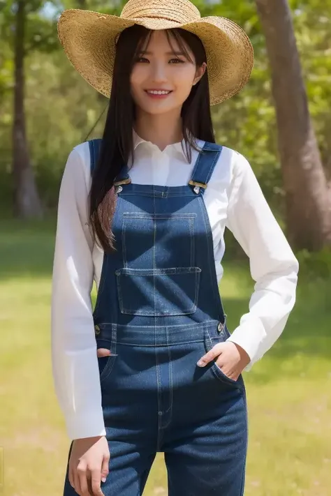 <lora:fromisHayoungV2:1>,Hayoung,(cowboy shot:1.3),(straw hat:1.2),(pov:1.3),korean, woman, complex 3d render ultra detailed, portrait of beautiful woman, moody portrait, striking features, beauty, intricate details, dramatic composition, tension, contrast, texture, realism, high-quality rendering, stunning art, high quality, film grain, Fujifilm XT3,swirly bokeh,(realistic, photo-realistic:1.4),RAW photo,physically-based rendering,(looking at viewer:1.4),(8k, best quality, masterpiece:1.2),(full body shot:1.1),octane render,extremely detailed CG, unity 8k wallpaper,(studio soft light, rim light,in forest,sunlight:1.2),standing,(a girl is wearing denim overalls:1.5),hyper realistic detail shiny skin,ultra detailed,(ultra realistic:1.5),(intricate:1.2),(photorealistic:1.4),1girl,(skinny:1.3),detailed background