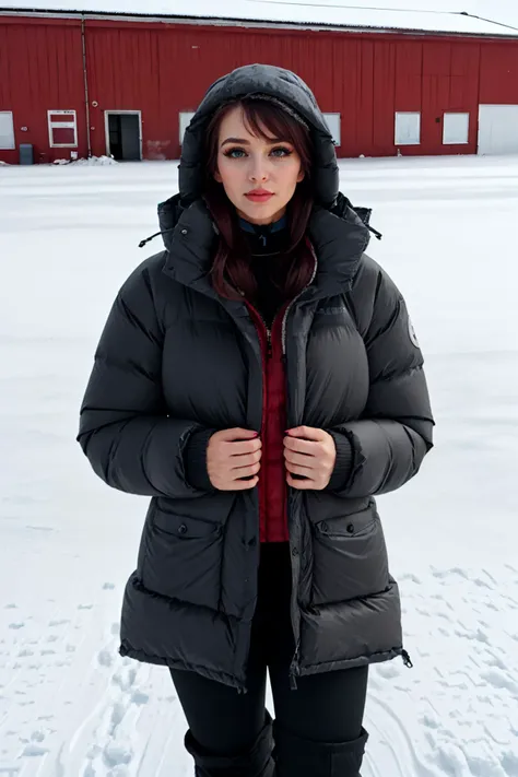 A sexy woman, detailed scene , street photography, girl, lipliner, eyeliner, long icy hair, brown hair, 1girl, posing for camera, (wearing a small black choker, wearing sexy makeup and black eyeliner),
high quality, high resolution, photography, realistic, inside a walk in freezer, extreme cold, freezing cold, shivering, snow, frost, indoors in industrial freezer warehouse, covered in snow, inside, indoors, (arctic expedition puffy down jacket, massive puffy down jacket, extreme cold weather parka, sweater:1.1), (blush:1.1), (goosebumps:1.5), subsurface scattering  <lora:Round_Breasts_V7:1> <lora:Down_Jacket_-_Rab_Expedition_Parka:0.8>