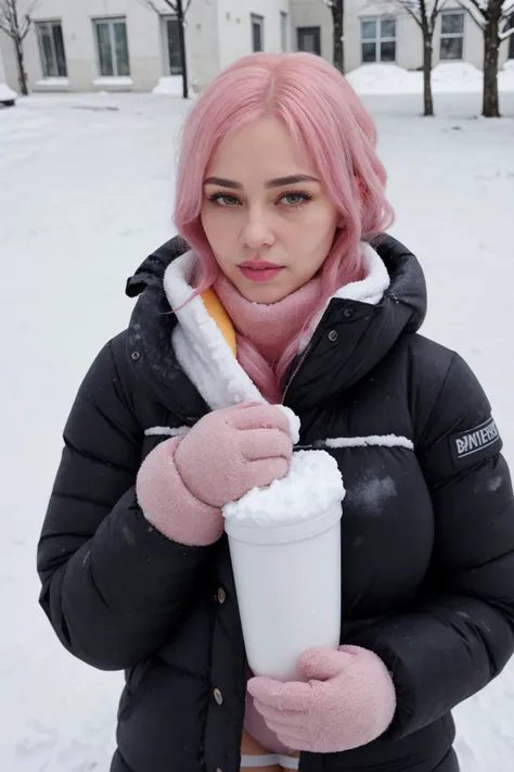 (highres, high quality:1.3), intricate details, sharp focus, depth of field,
mature female,
pink hair, very long hair, eyelashes, yellow eyes,  large breasts, wearing black lingerie, thick puffy down jacket
upper body,
snowy background, snowing, snowfall, ice, icicles, frost,
extreme cold, hypothermia, freezing, frostbite, shivering, slightly blue lips, goosebumps, cold,  <lora:Down_Jacket_-_Rab_Expedition_Parka:1>