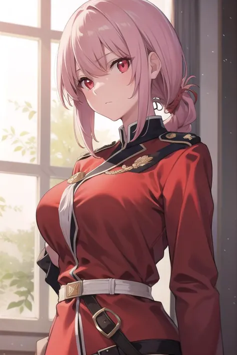 florencenightingale, <lyco:florencenightingale-lyco-nochekaiser:1>,
florence nightingale, pink hair, long hair, (red eyes:1.5), hair braid, sidelocks, folded ponytail, single braid, braid, braided ponytail,
BREAK military, military uniform, uniform, (red uniform:1.5),
BREAK looking at viewer,
BREAK indoors,
BREAK <lyco:GoodHands-beta2:1>, (masterpiece:1.2), best quality, high resolution, unity 8k wallpaper, (illustration:0.8), (beautiful detailed eyes:1.6), extremely detailed face, perfect lighting, extremely detailed CG, (perfect hands, perfect anatomy),