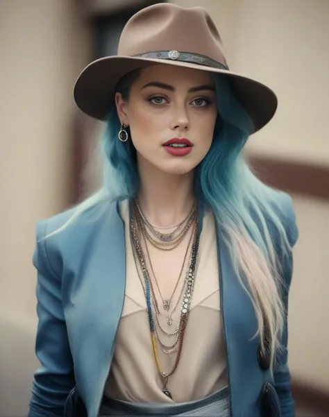 AmberHeard,<lora:AmberHeardSDXL:1>,Realistic photo of a beautiful woman, 1girl, solo, long hair, hat, jewelry, blue hair, jacket, multicolored hair, necklace, bracelet, lips, realistic, fashion, soft lighting, professional Photography, Photorealistic, detailed, RAW, analog, sharp focus, 8k, HD, DSLR, high quality, Fujifilm XT3, film grain, award winning, masterpiece
